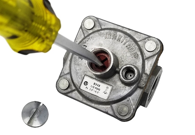 A flathead screwdriver is being used to adjust the regulator using the adjusting screw. A slotted screwhead is shown to the left.