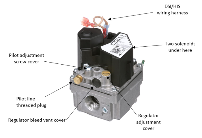 A universal combination redundant gas valve. Labels and arrows identify, from top to bottom, the DSI/HSI wiring harness, two solenoids under the dust cover, pilot adjustment screw cover, pilot line threaded plug, regulator adjustment cover, and regulator bleed vent cover.