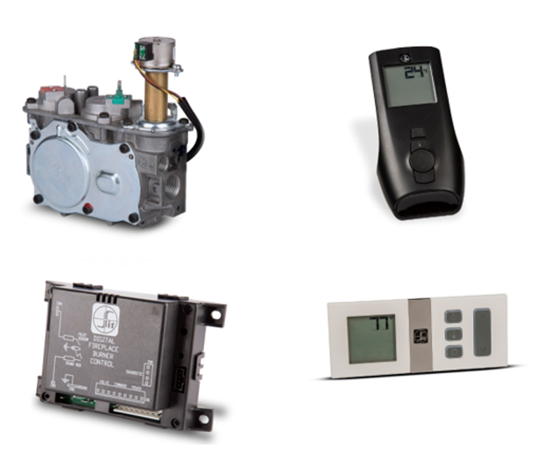 Two examples of DC low voltage electronic ignition systems for a fireplace and their corresponding battery-operated controller.
