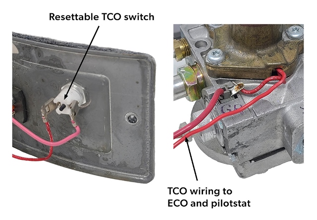 A thermal cut-off, or TCO. The image shows and labels the resettable TCO switch, which is a black, cylindrical switch, and the TECO wiring to ECO and pilotstat.