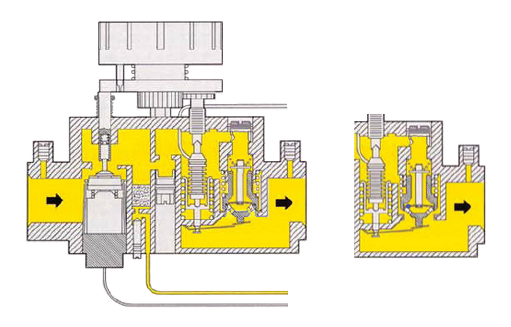 A diagram illustrating the direction of gas flow once the inner snap-acting valve seat is in the open position.
